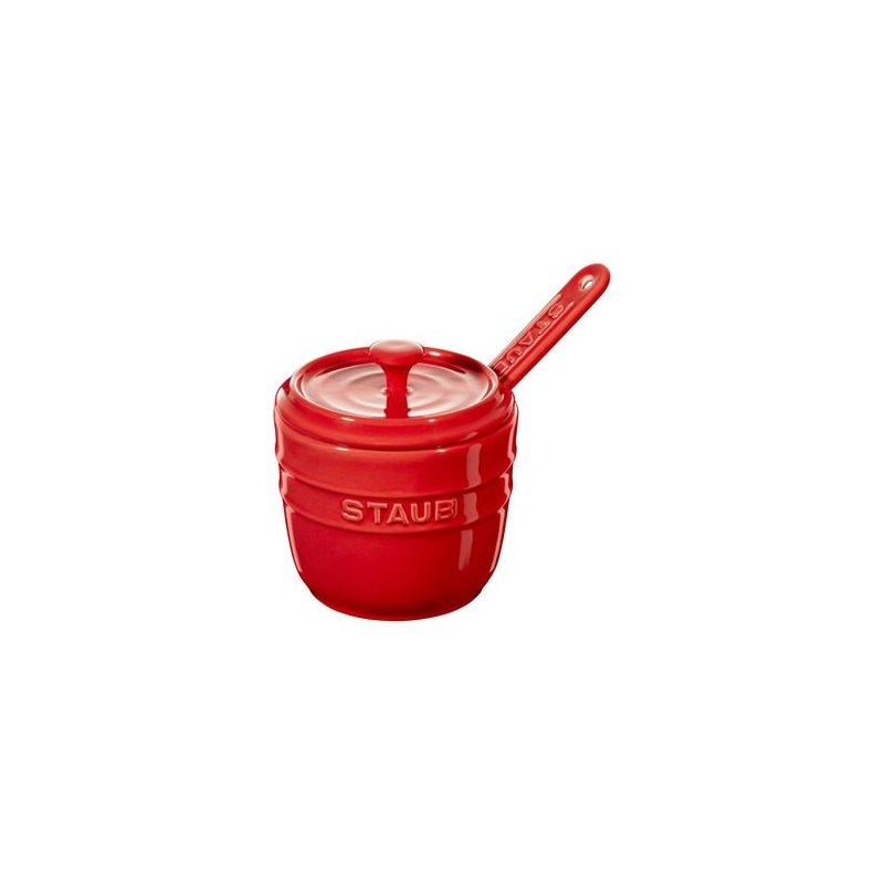 Rote Zuckerdose aus Keramik mit Löffel 9 cm