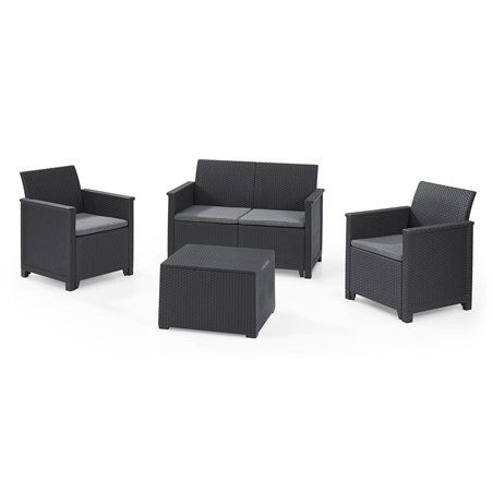 Keter-Set mit 2 Sesseln + 3-Sitzer-Sofa + EMMA LOUNGE Graphit-Aufbewahrungstisch