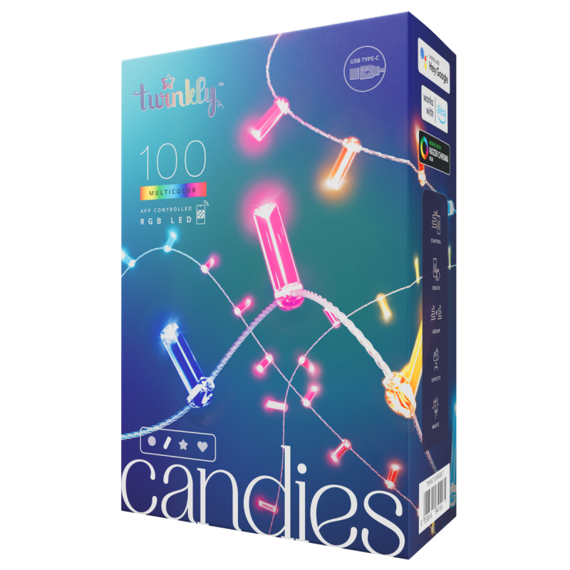 Twinkly CANDIES Intelligente Kerzen-Weihnachtsbeleuchtung, 100 RGB-LEDs, transparentes Kabel der zweiten Generation