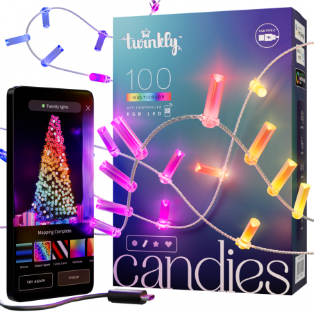 Twinkly CANDIES Intelligente Kerzen-Weihnachtsbeleuchtung, 100 RGB-LEDs, transparentes Kabel der zweiten Generation