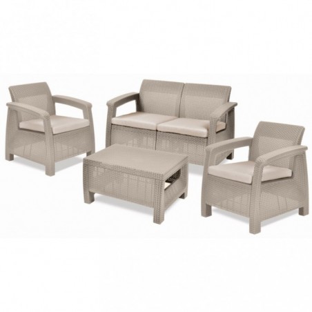 Keter Set Lounge CORFU' Cappuccino Sofa + 2 Sessel + offener Couchtisch