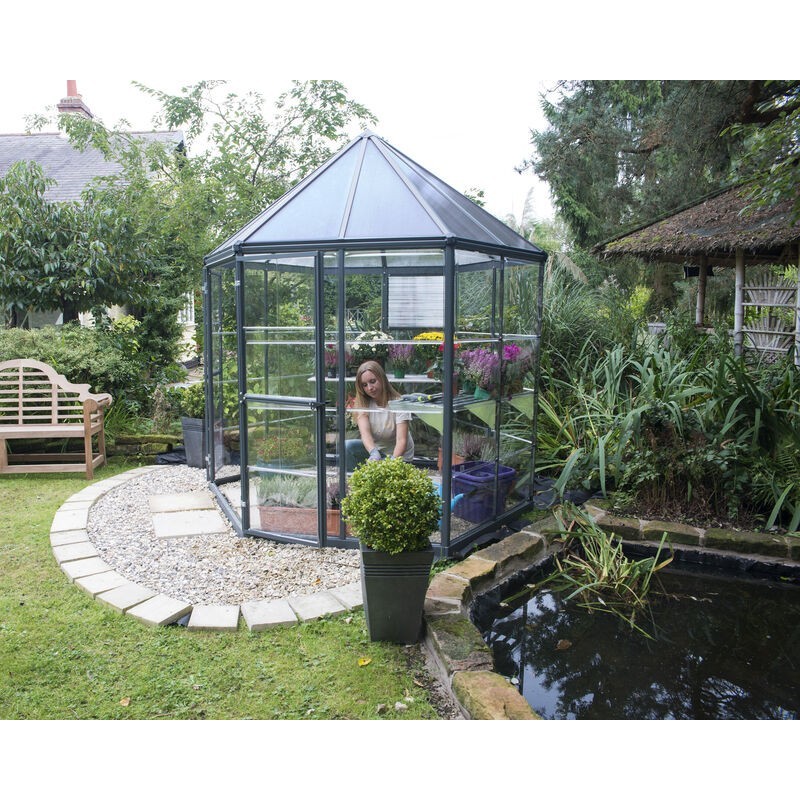 Canopia Oasis Sechseckiges Gartengewächshaus aus Polycarbonat 247x213x267 cm Grau