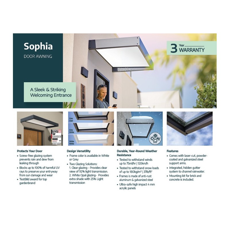 Canopia Sophia XL Türvordach 190x140 cm - grauer Rahmen, opalweiße Paneele Canopia Sophia XL Türvordach 190x140 cm - grauer Rahmen, opalweiße Paneele