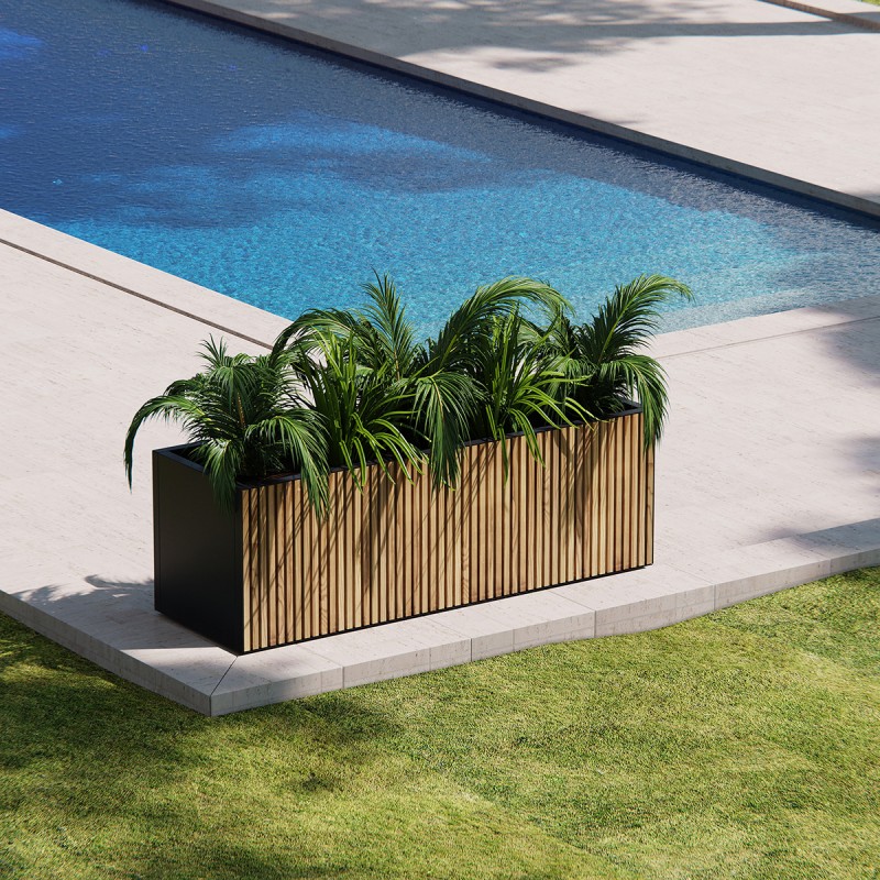 Herstera Pflanzkübel DECO PLANTER aus Metall Schwarz und Holz 150x50x50 cm