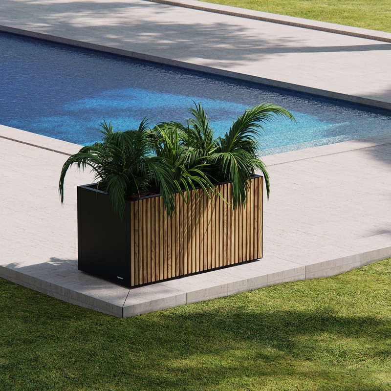 Herstera DECO PLANTER Metall-Pflanzgefäß Schwarz & Holz 100x50x50 cm