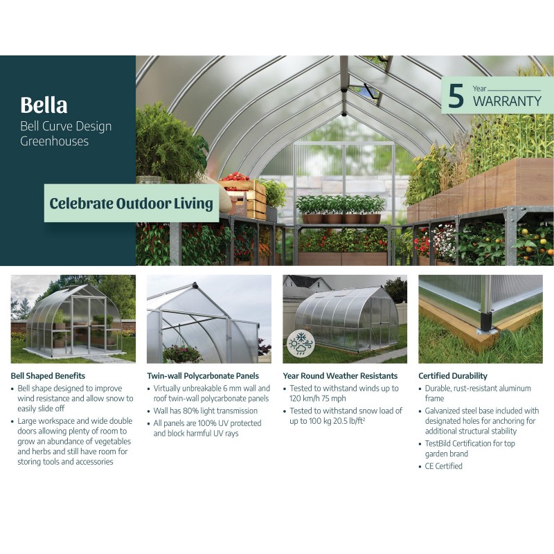 Canopia Bella Doppelschichtiges Polycarbonat-Gartengewächshaus 724 x 244 x 219 cm, Silber