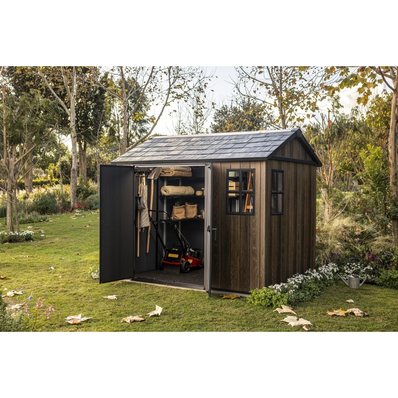 Keter SIGNATURE APEX 975 WALNUSS Gartenhaus aus Kunstharz – zwei Montageoptionen