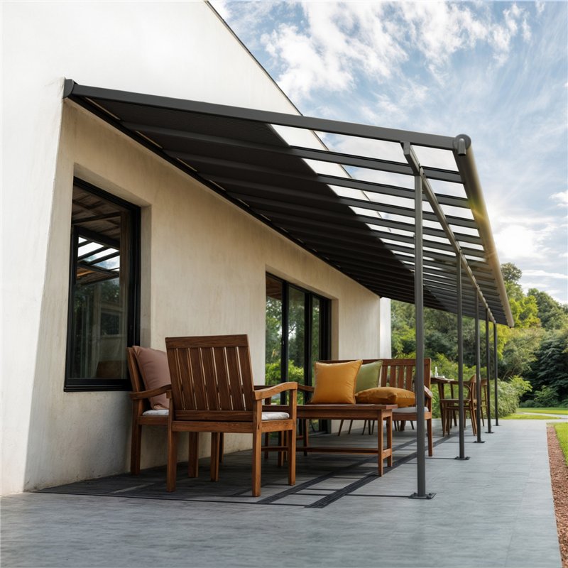 Canopia Sierra Cabrio Terrassenüberdachung aus Aluminium 3x9.7 m Grau mit beweglichen Beschattungspaneelen Canopia Sierra Cabrio Terrassenüberdachung aus Aluminium 3x9.7 m Grau mit beweglichen Beschattungspaneelen