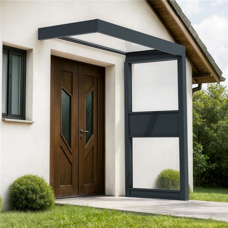 Canopia Sophia Vordach für den Außenbereich 215x95 cm + Seitenwand – Transparent Grau Canopia Sophia Vordach für den Außenbereich 215x95 cm + Seitenwand – Transparent Grau