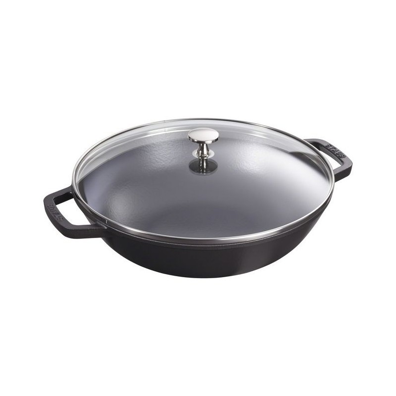 Wok with Glass Lid 30 cm Black in Cast Iron