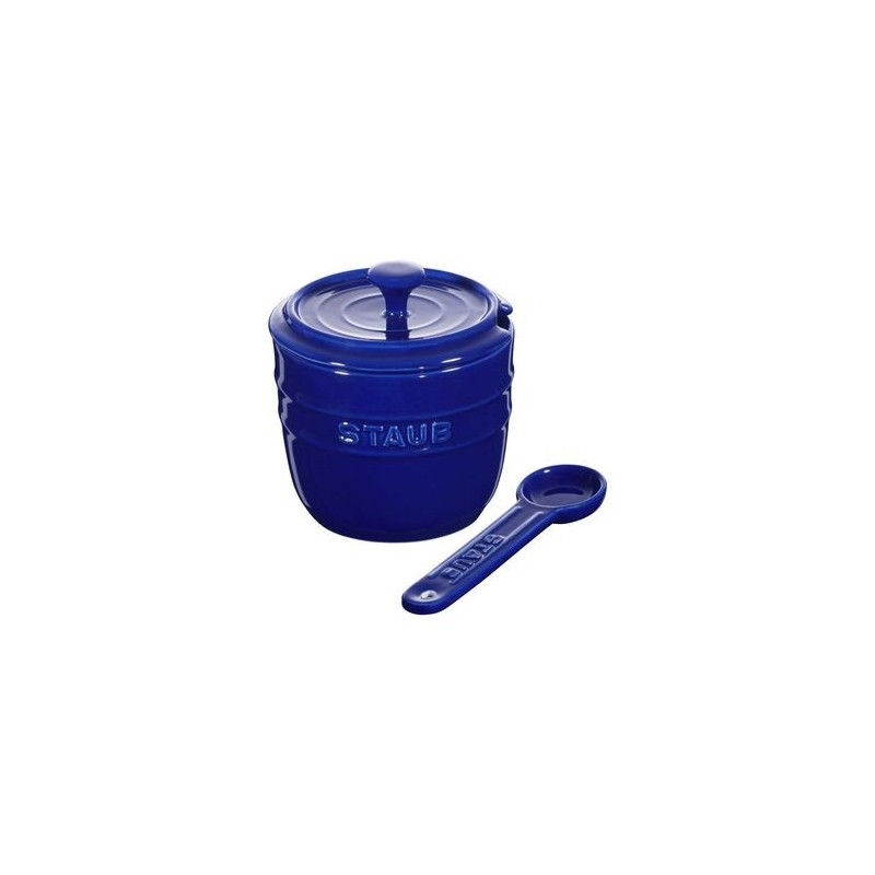 Dark Blue Ceramic Sugar Bowl with Spoon 9 cm