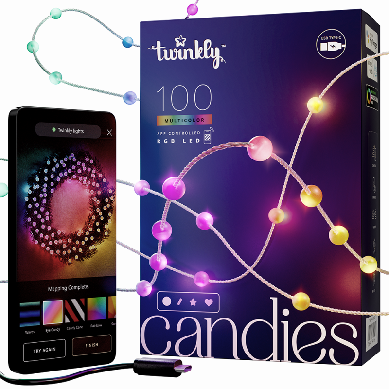 Twinkly CANDIES Kugel-Weihnachtsbeleuchtung, intelligente 100 RGB-LEDs der zweiten Generation, transparentes Kabel