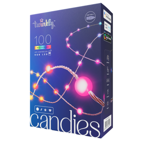Twinkly CANDIES Kugel-Weihnachtsbeleuchtung, intelligente 100 RGB-LEDs der zweiten Generation, transparentes Kabel