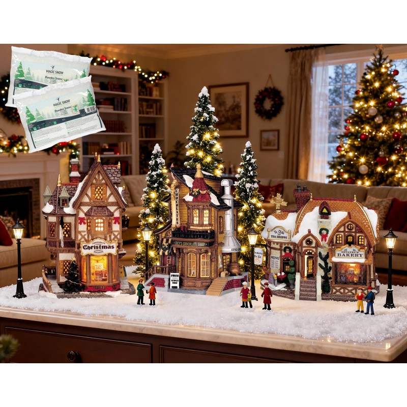 Paquete de inicio Lemax con nieve gratis - Devaney's Bakery, Tannenbaum Christmas Shoppe, Lucy's Chocolate Shop