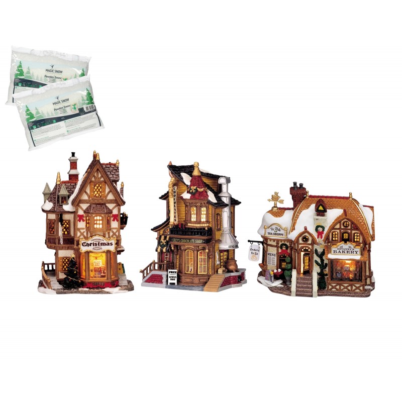 Paquete de inicio Lemax con nieve gratis - Devaney's Bakery, Tannenbaum Christmas Shoppe, Lucy's Chocolate Shop