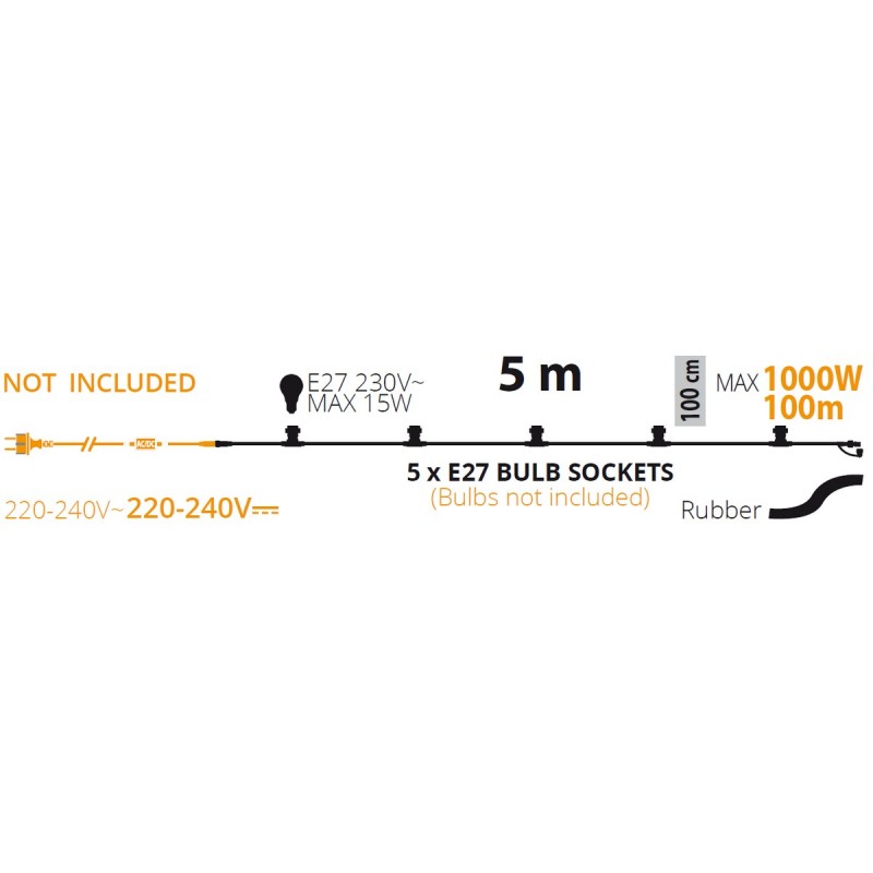 Guirnalda de luces de fiesta con 5 portalámparas extensibles E27 5m Guirnalda de luces de fiesta con 5 portalámparas extensibles E27 5m