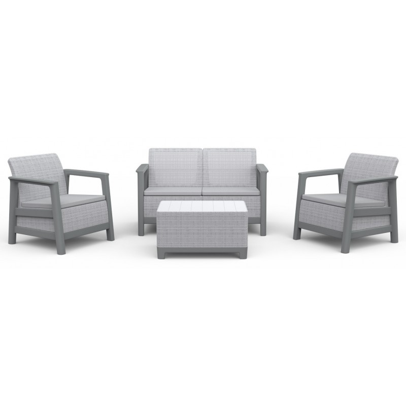 Keter SCANDI LINEA LOUNGE Set 2 Sillones + Sofá + Mesa de Centro con Almacenaje Gris Claro Keter SCANDI LINEA LOUNGE Set 2 Sillones + Sofá + Mesa de Centro con Almacenaje Gris Claro