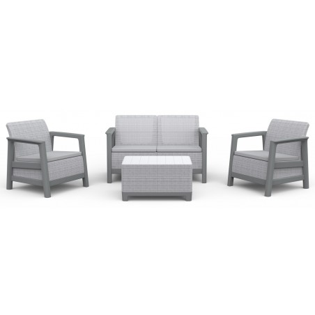 Keter SCANDI LINEA LOUNGE Set 2 Sillones + Sofá + Mesa de Centro con Almacenaje Gris Claro