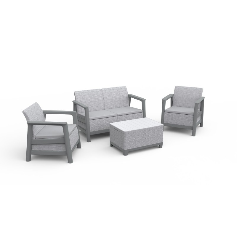 Keter SCANDI LINEA LOUNGE Set 2 Sillones + Sofá + Mesa de Centro con Almacenaje Gris Claro Keter SCANDI LINEA LOUNGE Set 2 Sillones + Sofá + Mesa de Centro con Almacenaje Gris Claro