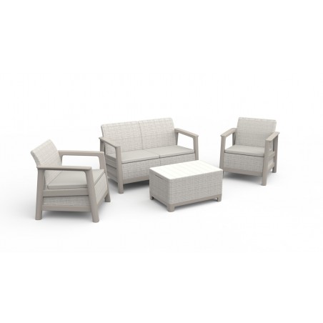 Keter SCANDI LINEA LOUNGE Set 2 Sillones + Sofá + Mesa de Centro con Almacenaje Beige Claro