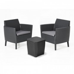 Keter Set 2 Armchairs + Storage Table with Cushions SALEMO BALCONY Graphite