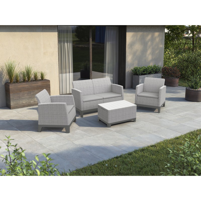 Keter SCANDI FORMA LOUNGE Set 2 Armchairs + Sofa + Storage Coffee Table Light Grey