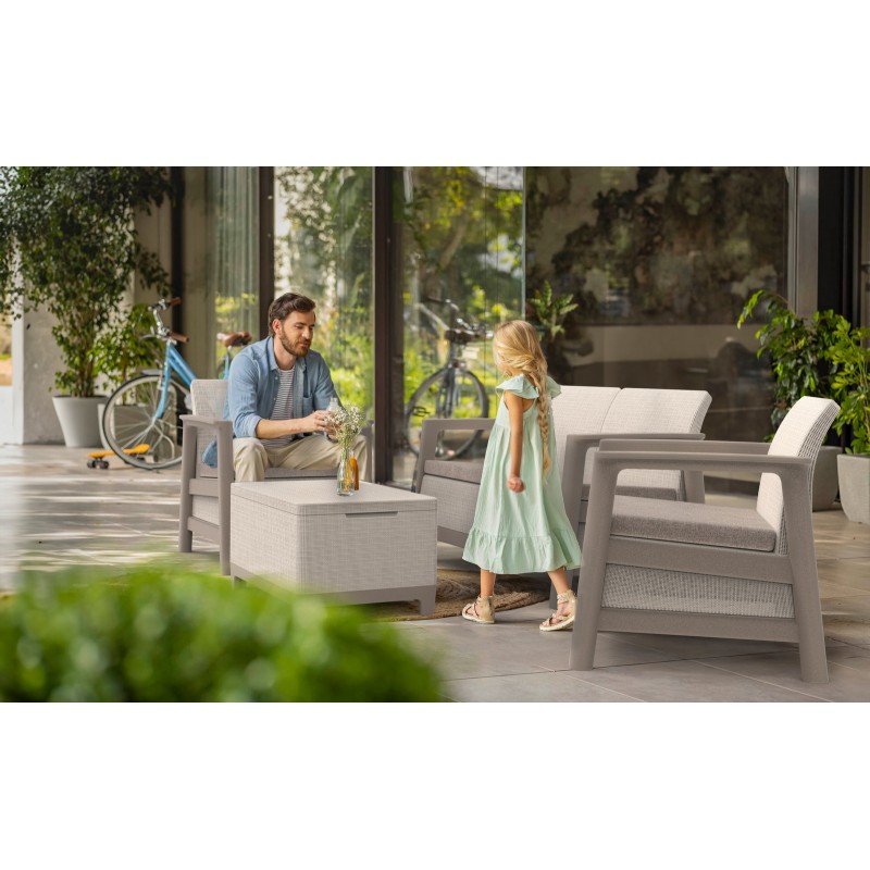 Keter SCANDI LINEA LOUNGE Set 2 Armchairs + Sofa + Storage Coffee Table Light Grey