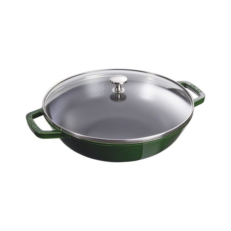 Wok en fonte avec couvercle en verre 30 cm Vert Basilic