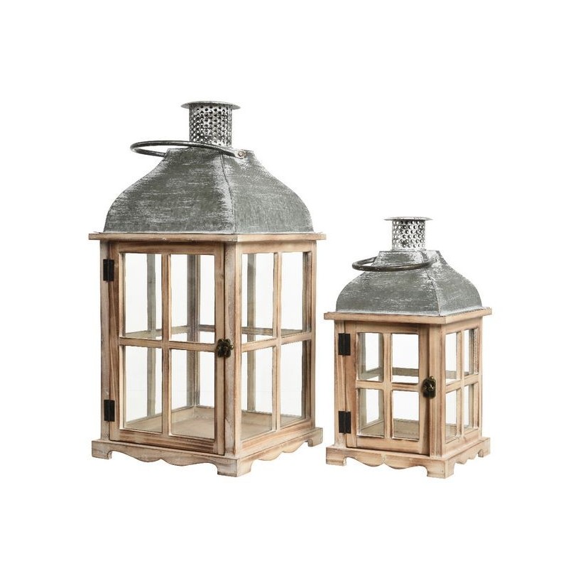 Medium Gray Washed wooden lantern with glass dim 20x20x39 cm