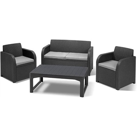 Keter Set 2 Fauteuils + Canapé + Table Basse Ouverte Relevable CAROLINA LOUNGE Graphite