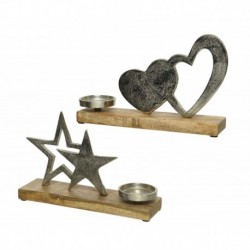 Candle holder in wood and aluminum with hearts or stars 27 cm. Single piece