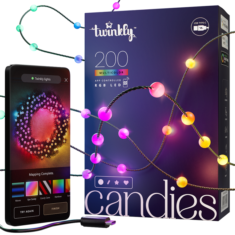 Twinkly CANDIES Ball Lumières de Noël Smart 200 LED RVB II Génération Câble Vert