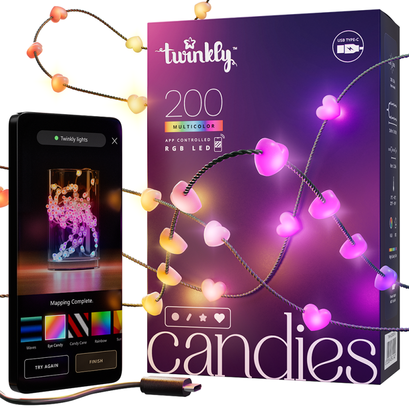 Twinkly CANDIES Lumières de Noël intelligentes en forme de cœur 200 LED RVB II génération Câble vert