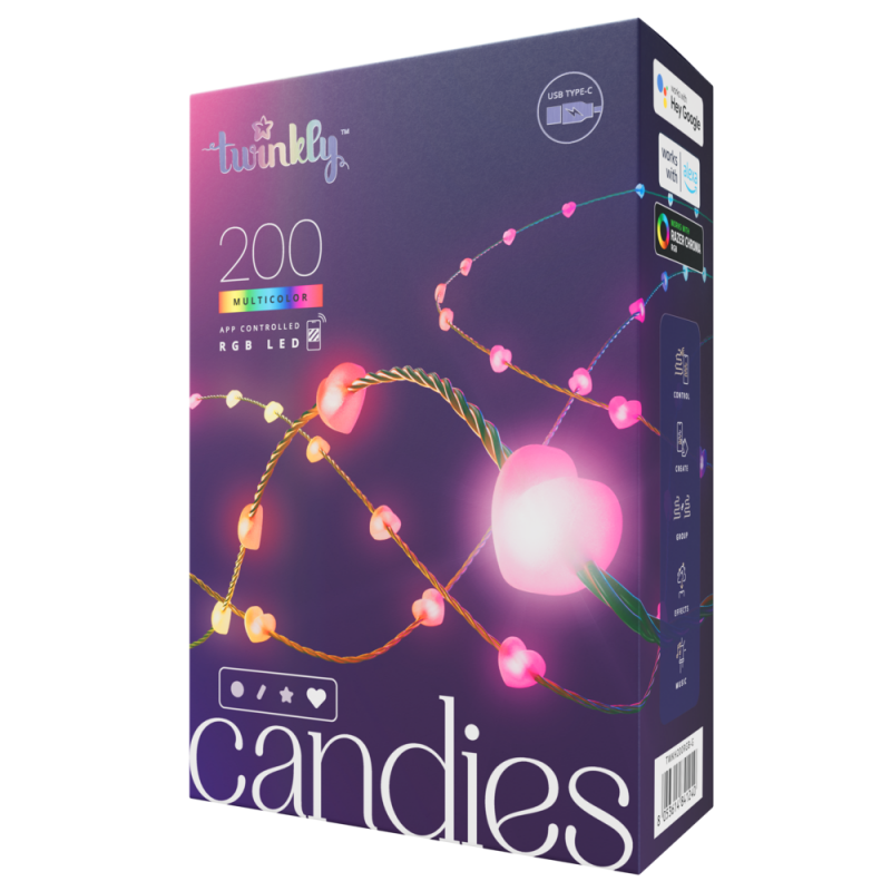 Twinkly CANDIES Lumières de Noël intelligentes en forme de cœur 200 LED RVB II génération Câble vert