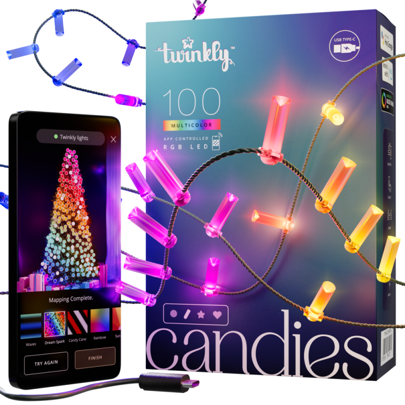 Twinkly CANDIES Bougie Intelligente Lumières de Noël 100 LED RVB II Génération Câble Vert