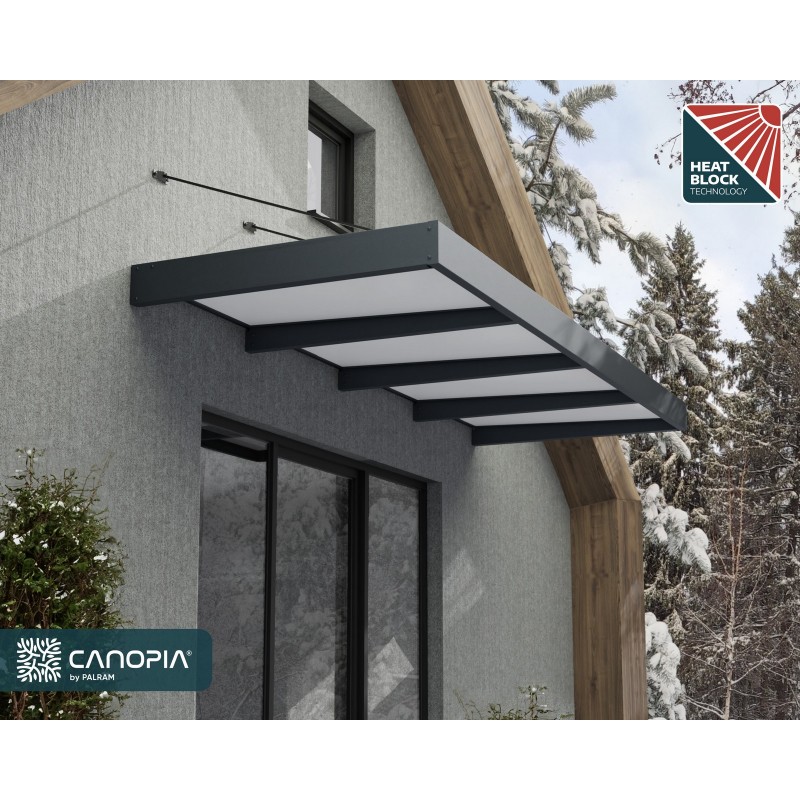 Canopia Sophia XL Auvent de porte 380x140 cm - cadre gris, panneaux blanc opale