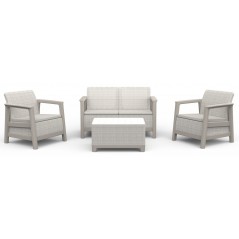 Keter SCANDI LINEA LOUNGE Ensemble 2 Fauteuils + Canapé + Table Basse Coffre Beige Clair