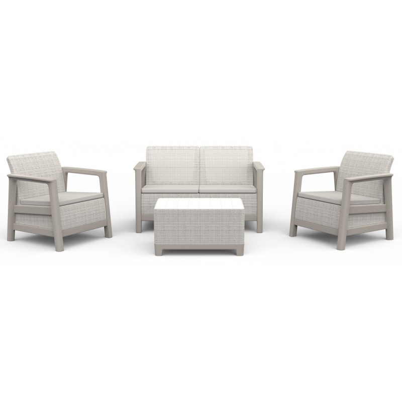 Keter SCANDI LINEA LOUNGE Ensemble 2 Fauteuils + Canapé + Table Basse Coffre Beige Clair