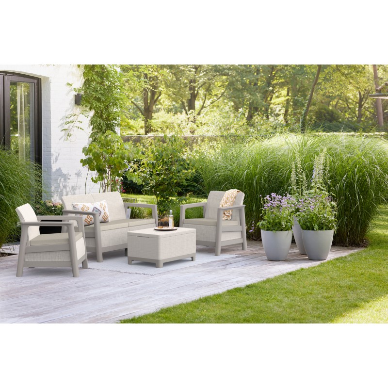 Keter SCANDI LINEA LOUNGE Set 2 Armchairs + Sofa + Storage Coffee Table Light Beige Keter SCANDI LINEA LOUNGE Set 2 Armchairs + Sofa + Storage Coffee Table Light Beige