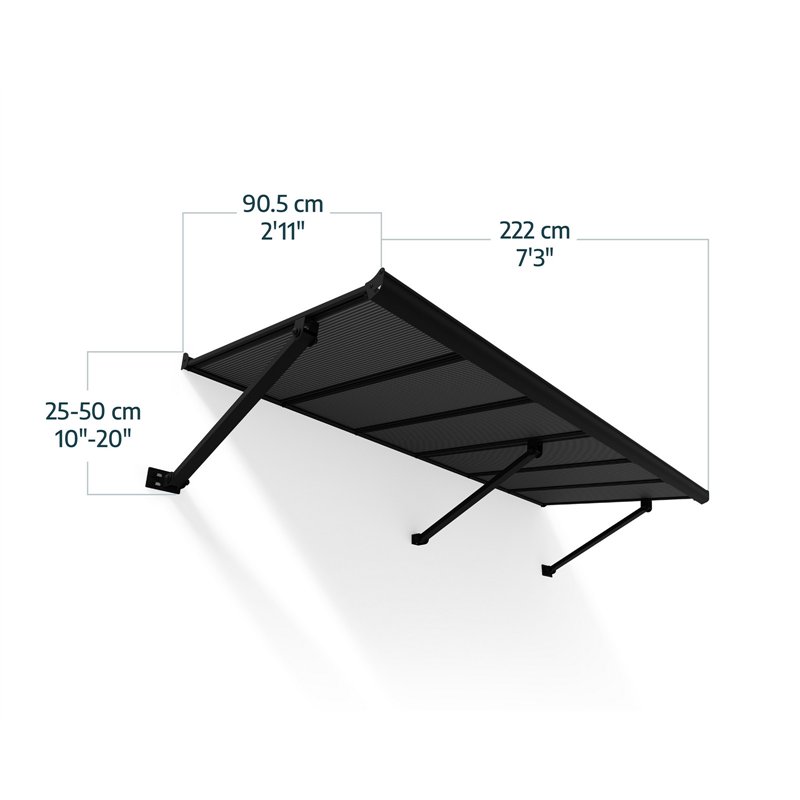 Canopia Augustine Auvent de porte 222x90 cm - cadre noir, panneaux gris mat