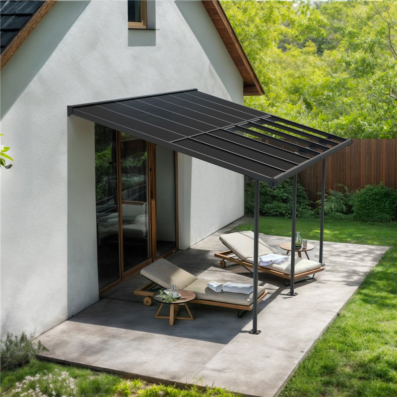 Canopia Sierra Cabrio Pergola adossée en aluminium 3x4.3 m Gris avec panneaux d'ombrage mobiles Canopia Sierra Cabrio Pergola adossée en aluminium 3x4.3 m Gris avec panneaux d'ombrage mobiles