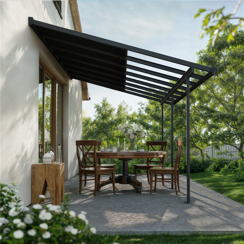 Canopia Sierra Cabrio Pergola adossée en aluminium 3x4.3 m Gris avec panneaux d'ombrage mobiles Canopia Sierra Cabrio Pergola adossée en aluminium 3x4.3 m Gris avec panneaux d'ombrage mobiles