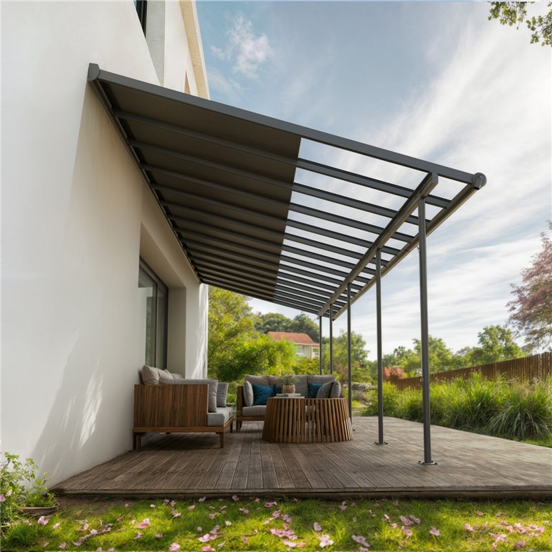 Canopia Sierra Cabrio Pergola adossée en aluminium 3x8.6 m Gris avec panneaux d'ombrage mobiles