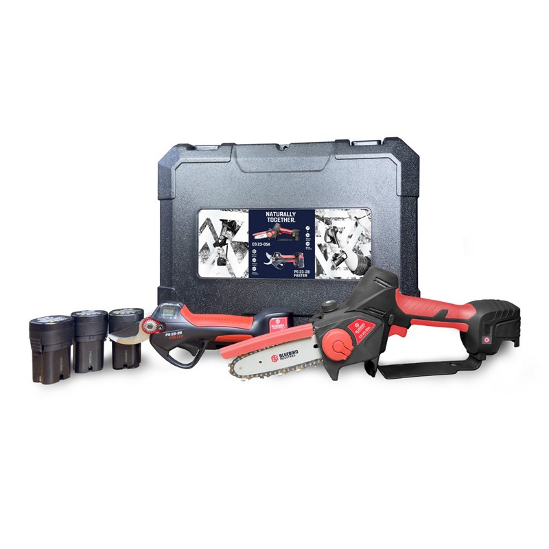 Battery pruning shears and chain pruner kit Blue Bird PS 23-28C FASTER + CS 23-05A with 3 batteries 16.8 V max – 2.5 Ah included Battery pruning shears and chain pruner kit Blue Bird PS 23-28C FASTER + CS 23-05A with 3 batteries 16.8 V max – 2.5 Ah included