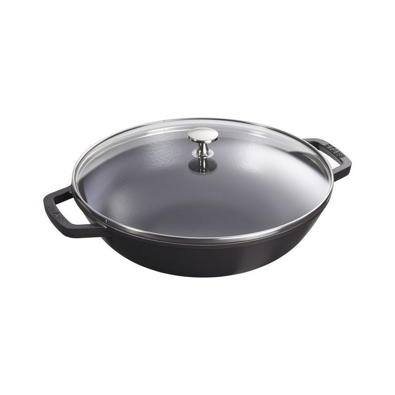 Wok with Glass Lid 30 cm Black in Cast Iron Wok with Glass Lid 30 cm Black in Cast Iron