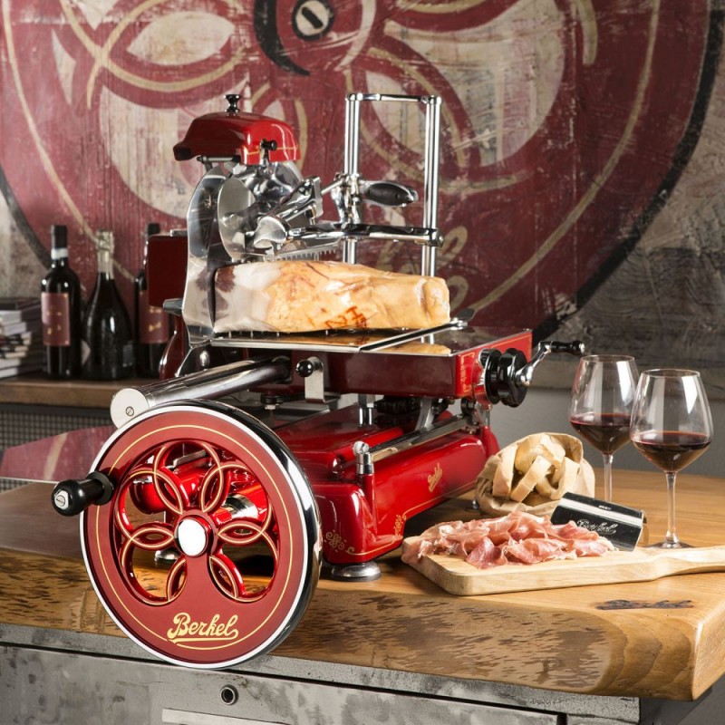 Berkel Flywheel Slicer Volano Tribute Fiorato colour Red - Gold Decorations Berkel Flywheel Slicer Volano Tribute Fiorato colour Red - Gold Decorations
