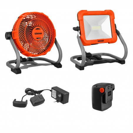 PROMO Stocker Kit Faro + Ventilatore + Batteria 2,6 Ah 21V + Caricabatterie