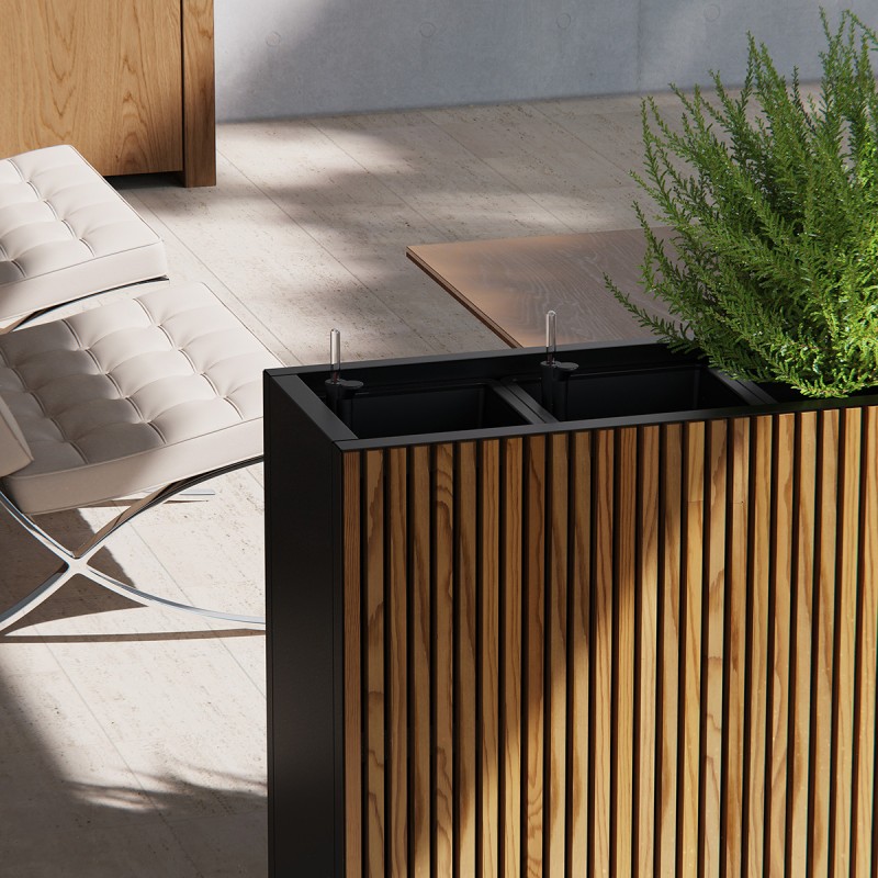 Tall Herstera DECO PLANTER DIVIDER 40 Metal Planter Black & Wood 100x40x80 cm