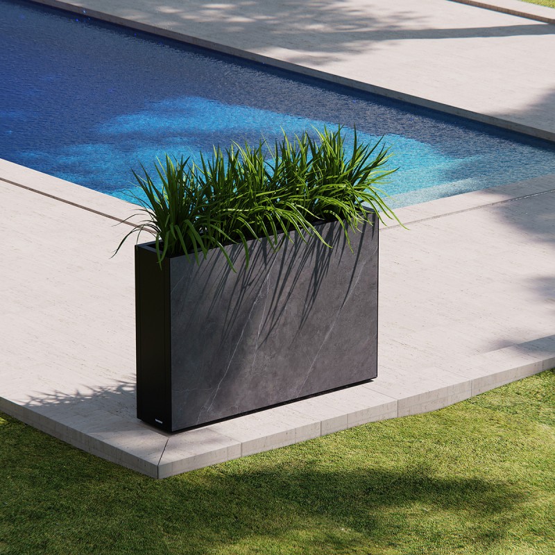 Tall Herstera DECO PLANTER DIVIDER 25 Metal Planter Black & Marble Effect Panel 120x25x80 cm