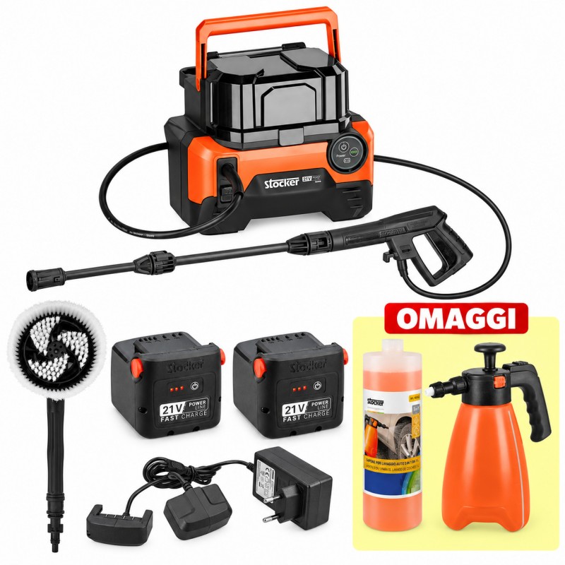 PROMO Stocker Kit Idropulitrice + 2 Batterie 4,0 Ah + Spazzola + Caricabatterie